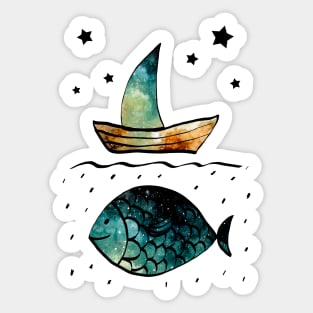 Watercolor Starry Sky, Fish and Sail Boat Sticker